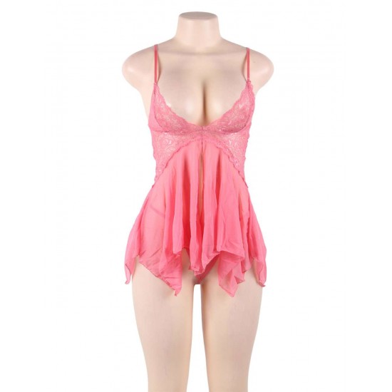 Pink Transparent Lace Babydoll Lingerie