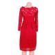 Long Sleeve Fashion Red Lace Midi Dress