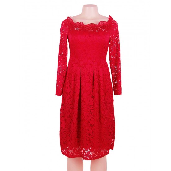 Plus Size Long Sleeve Fashion Red Lace Midi Dress