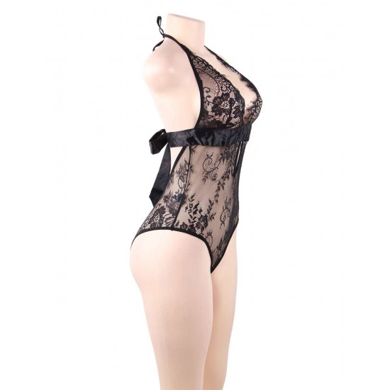 Plus Size Black Deep V Backless Exquisite Lace Teddy