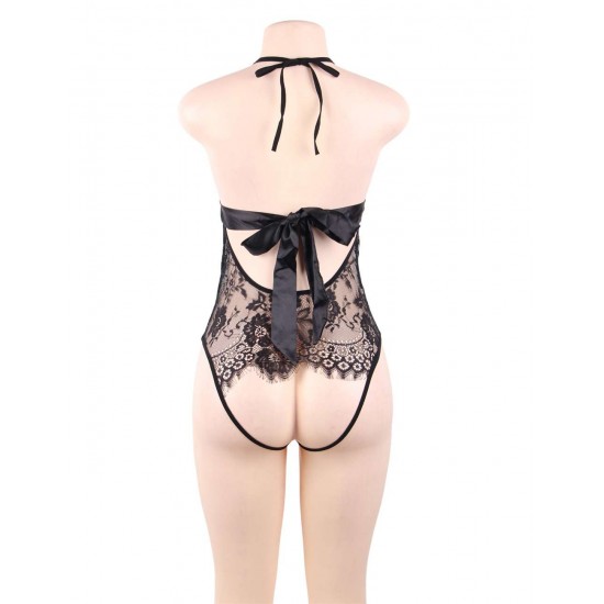 Plus Size Black Deep V Backless Exquisite Lace Teddy