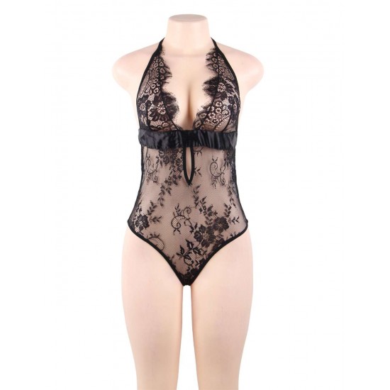 Plus Size Black Deep V Backless Exquisite Lace Teddy