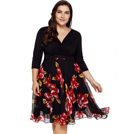 Plus Size Elegant Knee-length Floral Dress