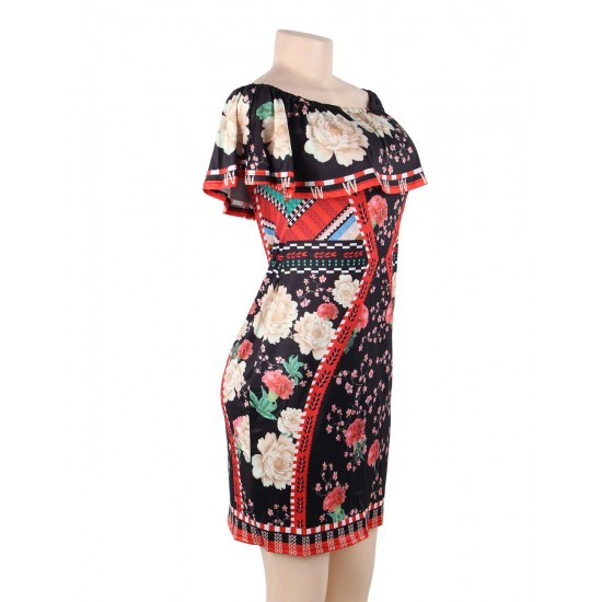 Plus Size Off Shoulder Casual Printed Shirt Dress