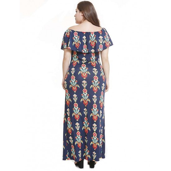 Plus Size Off Shoulder Casual Printed Long Dress