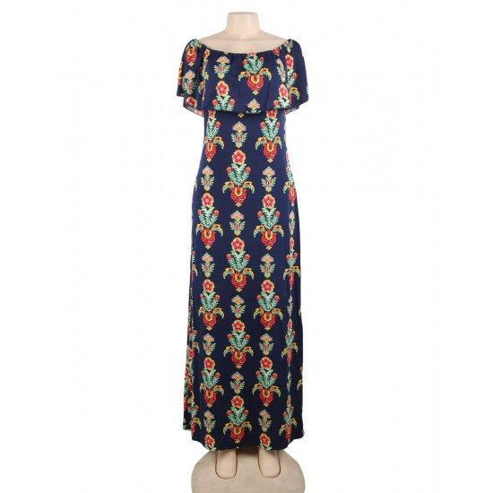 Plus Size Off Shoulder Casual Printed Long Dress