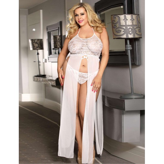 Plus Size Elegant White Hollow Out Lace Sexy Gown