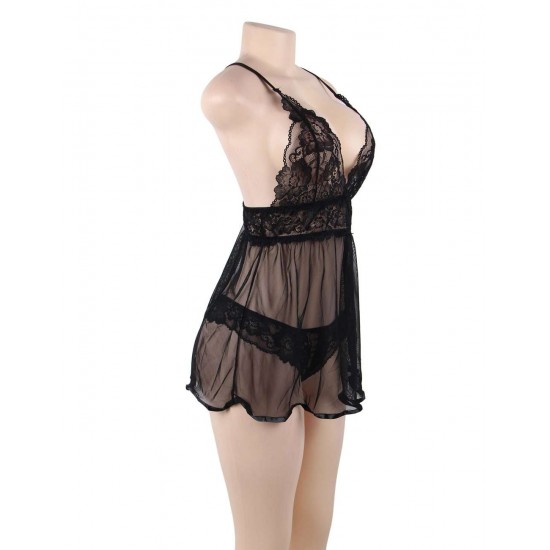 Black Elegant Backless Fly-away Babydoll