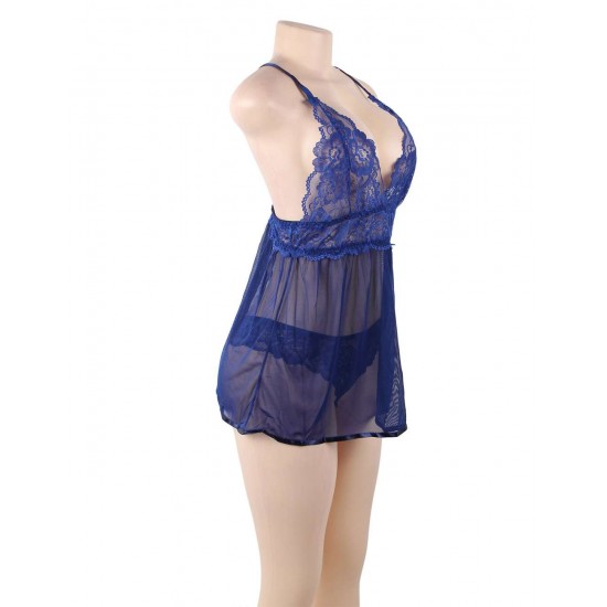 Blue Elegant Backless Fly-away Babydoll