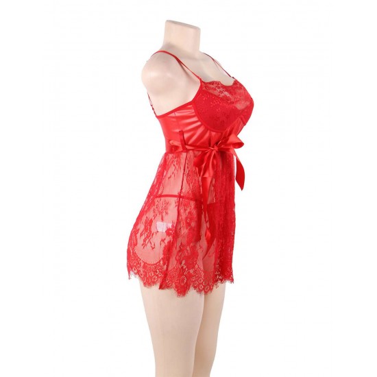 Sexy Red Eyelash Trim Lace Babydoll Set