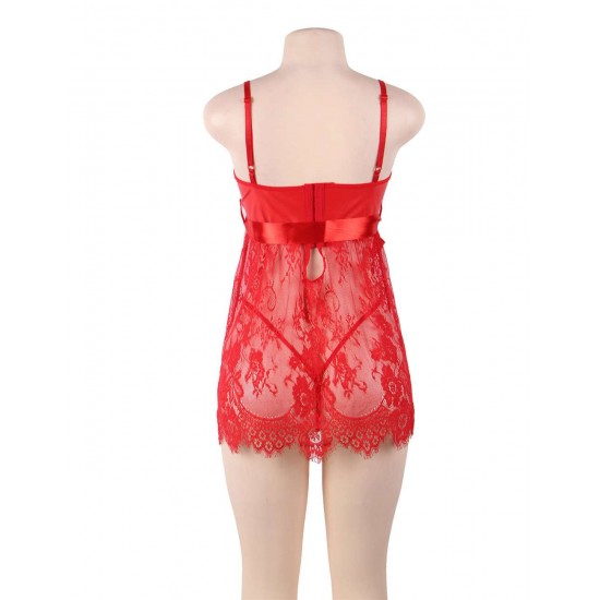 Sexy Red Eyelash Trim Lace Babydoll Set