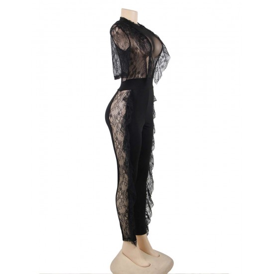 Black Lace Half-length Sleeve Jumpsuit