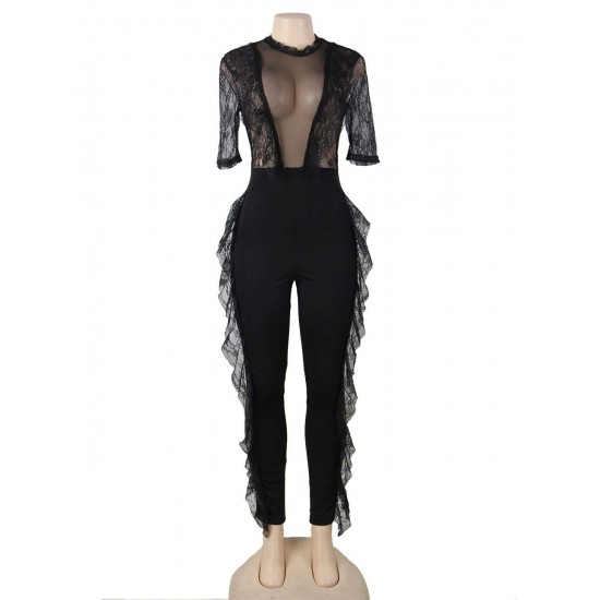 Black Lace Half-length Sleeve Jumpsuit