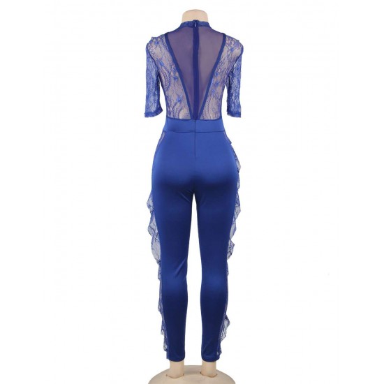 Blue Lace Half-length Sleeve Jumpsuit