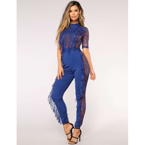 Blue Lace Half-length Sleeve Jumpsuit