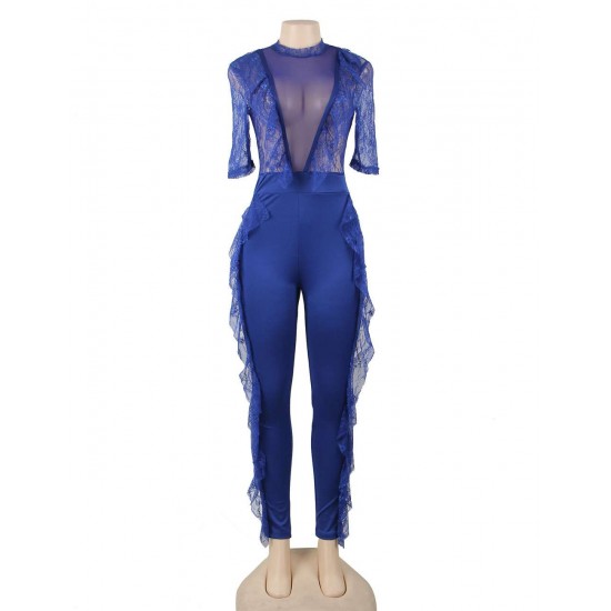 Blue Lace Half-length Sleeve Jumpsuit