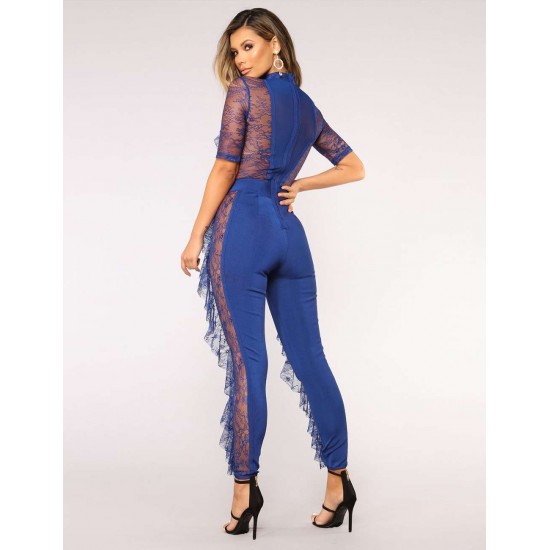 Blue Lace Half-length Sleeve Jumpsuit