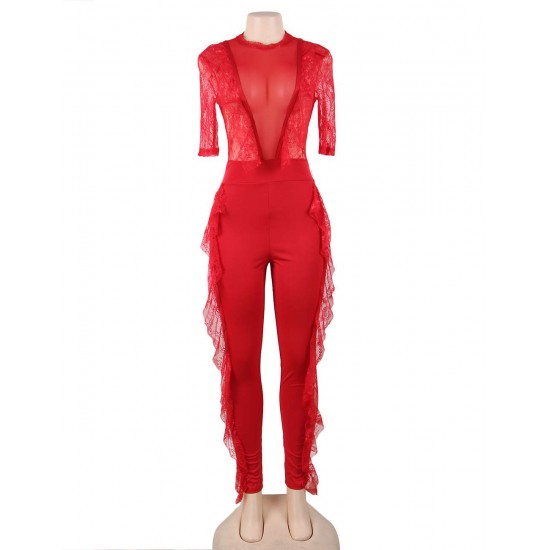 Red Lace Half-length Sleeve Jumpsuit