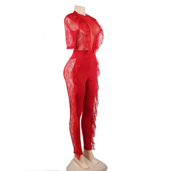 Red Lace Half-length Sleeve Jumpsuit