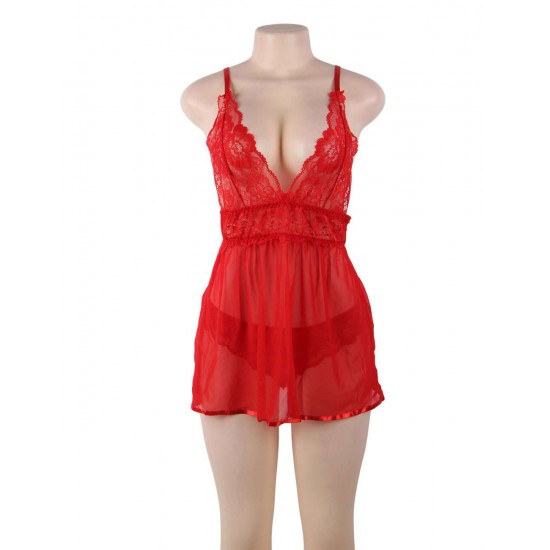 Plus Size Red Elegant Backless Fly-away Babydoll