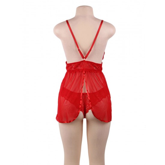 Plus Size Red Elegant Backless Fly-away Babydoll