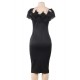 Off Shoulder Bodycon Midi Knitting Flowers Black Dress