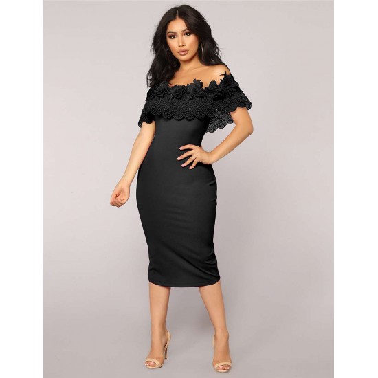 Off Shoulder Bodycon Midi Knitting Flowers Black Dress