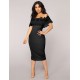 Off Shoulder Bodycon Midi Knitting Flowers Black Dress