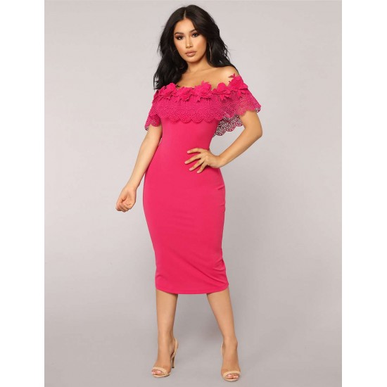 Off Shoulder Bodycon Midi Knitting Flowers Rose Red Dress