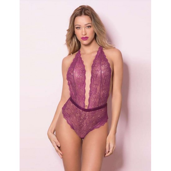 Purple Deep V Exquisite Lace Teddy