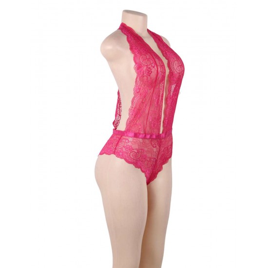 Pink Deep V Exquisite Lace Teddy