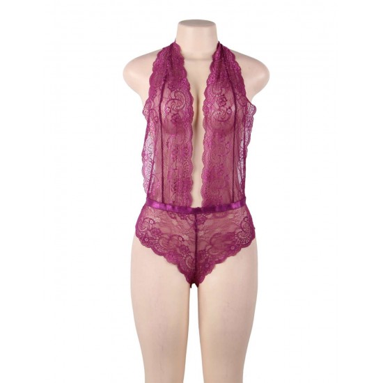 Purple Deep V Exquisite Lace Teddy