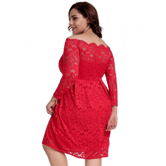 Plus Size Long Sleeve Fashion Red Lace Midi Dress