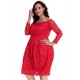 Plus Size Long Sleeve Fashion Red Lace Midi Dress