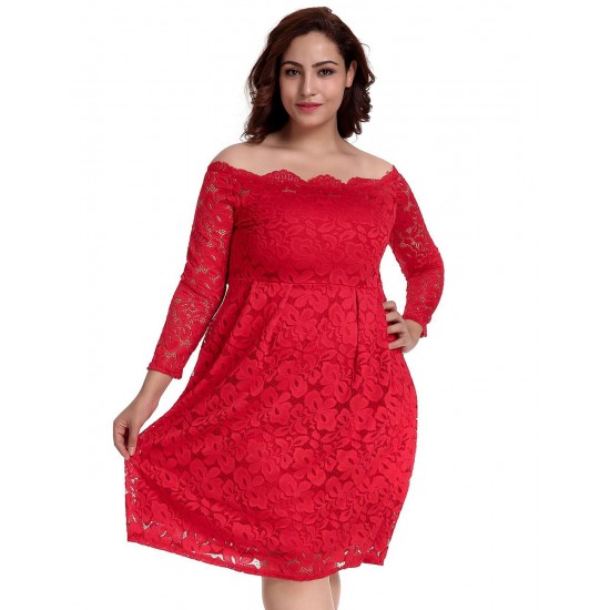 Plus Size Long Sleeve Fashion Red Lace Midi Dress