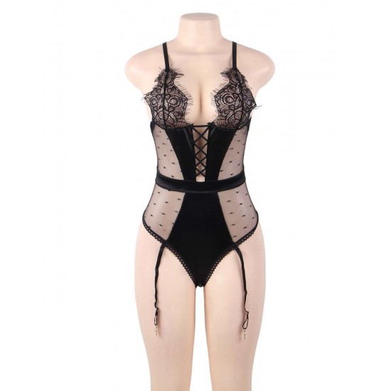 Plus Size Black Deluxe Satin Lace Stitching Teddy