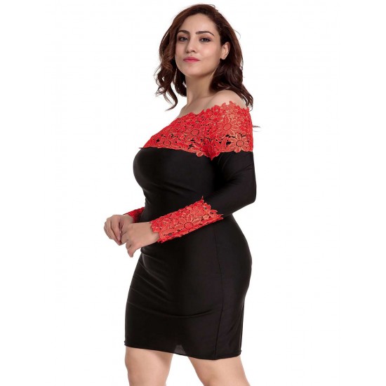 Plus Size Long Sleeve Off-Shoulder Fashion Lace Dress