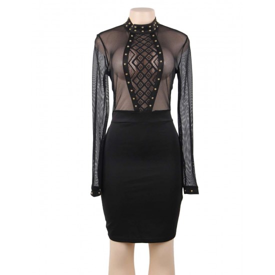 Black Perspective Lace Stitching Rivet Decorated Long Sleeve Fashion Dress