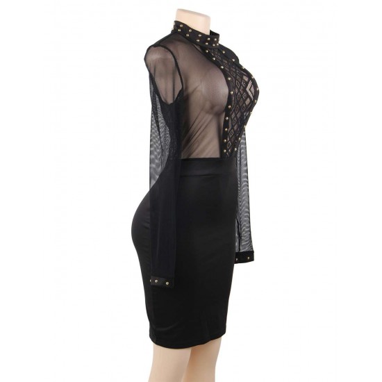 Black Perspective Lace Stitching Rivet Decorated Long Sleeve Fashion Dress