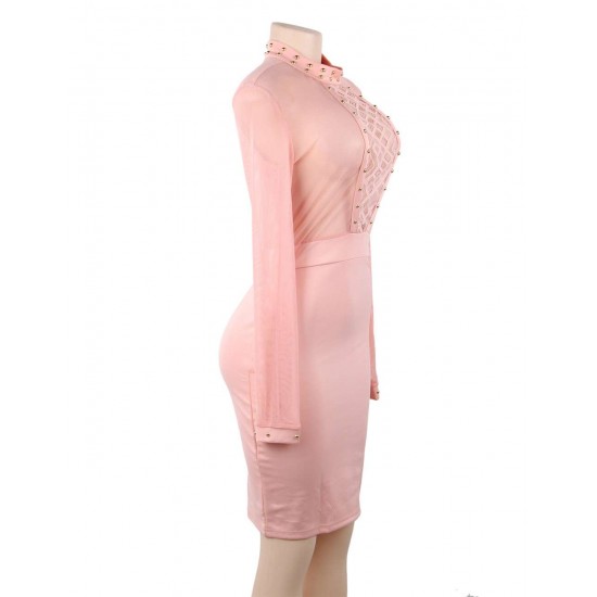 Pink Perspective Lace Stitching Rivet Decorated Long Sleeve Fashion Dress