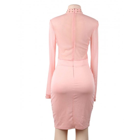 Pink Perspective Lace Stitching Rivet Decorated Long Sleeve Fashion Dress