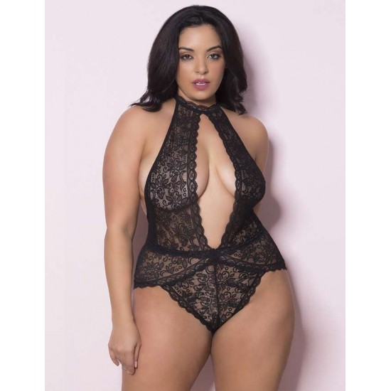 Plus Size Black Exquisite Lace Open Cup Teddy