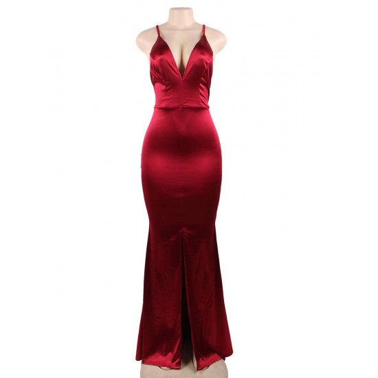 Dark Red Elegant Halter Satin Slim Maxi Dress