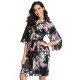  Flower And Bird Short Kimono Black Satin  Wrap  Pajamas 