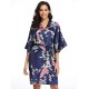  Flower And Bird Short Kimono Dark Blue Satin  Wrap  Pajamas 