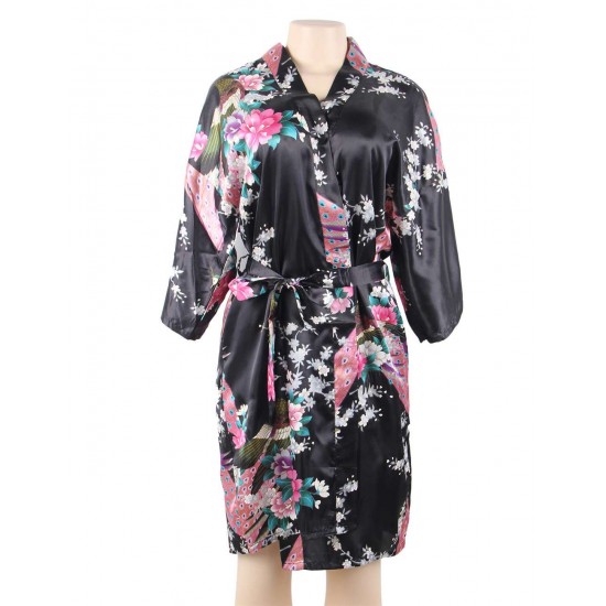  Flower And Bird Short Kimono Black Satin  Wrap  Pajamas 