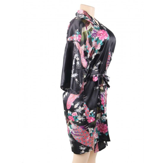  Flower And Bird Short Kimono Black Satin  Wrap  Pajamas 