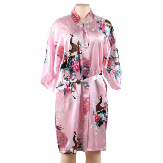  Flower And Bird Short Kimono Pink Satin  Wrap  Pajamas 