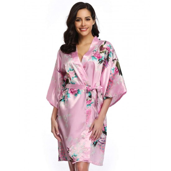  Flower And Bird Short Kimono Pink Satin  Wrap  Pajamas 