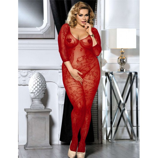 Plus Size Crotchless Floral Fishnet Red Bodystockings